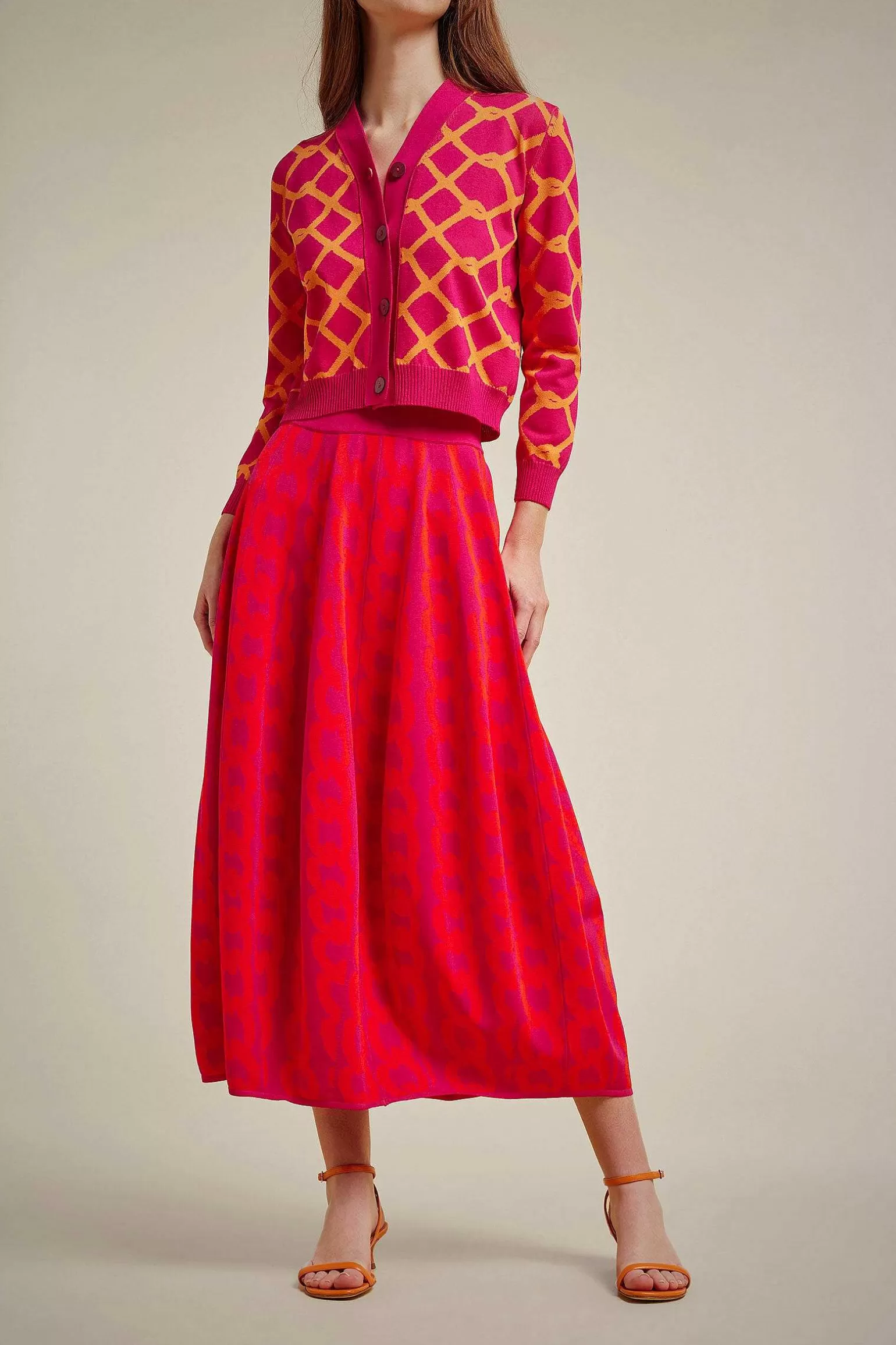 Store Liviana conti Cardigan Jacquard Rete Fuxia/Mango | Rete Corno/Bianco
